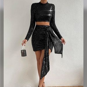 SHEIN sequin drop top and draped front bodycon skirt
